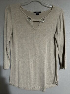 Sabina Beige Long-Sleeve Knit Top with Silver Ring Detail